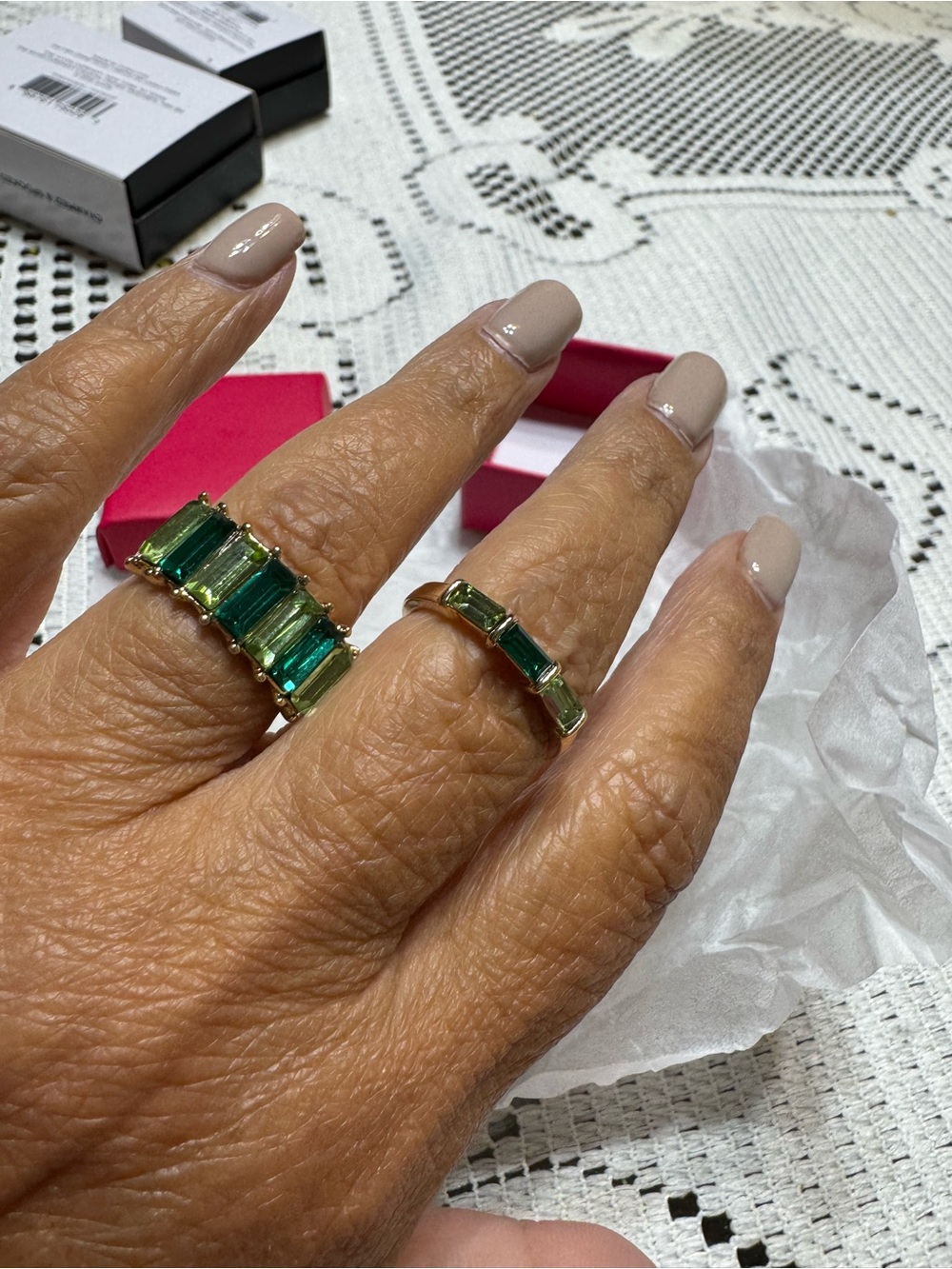 Avon Gold-Tone Rings with Green Emerald-Cut Stones